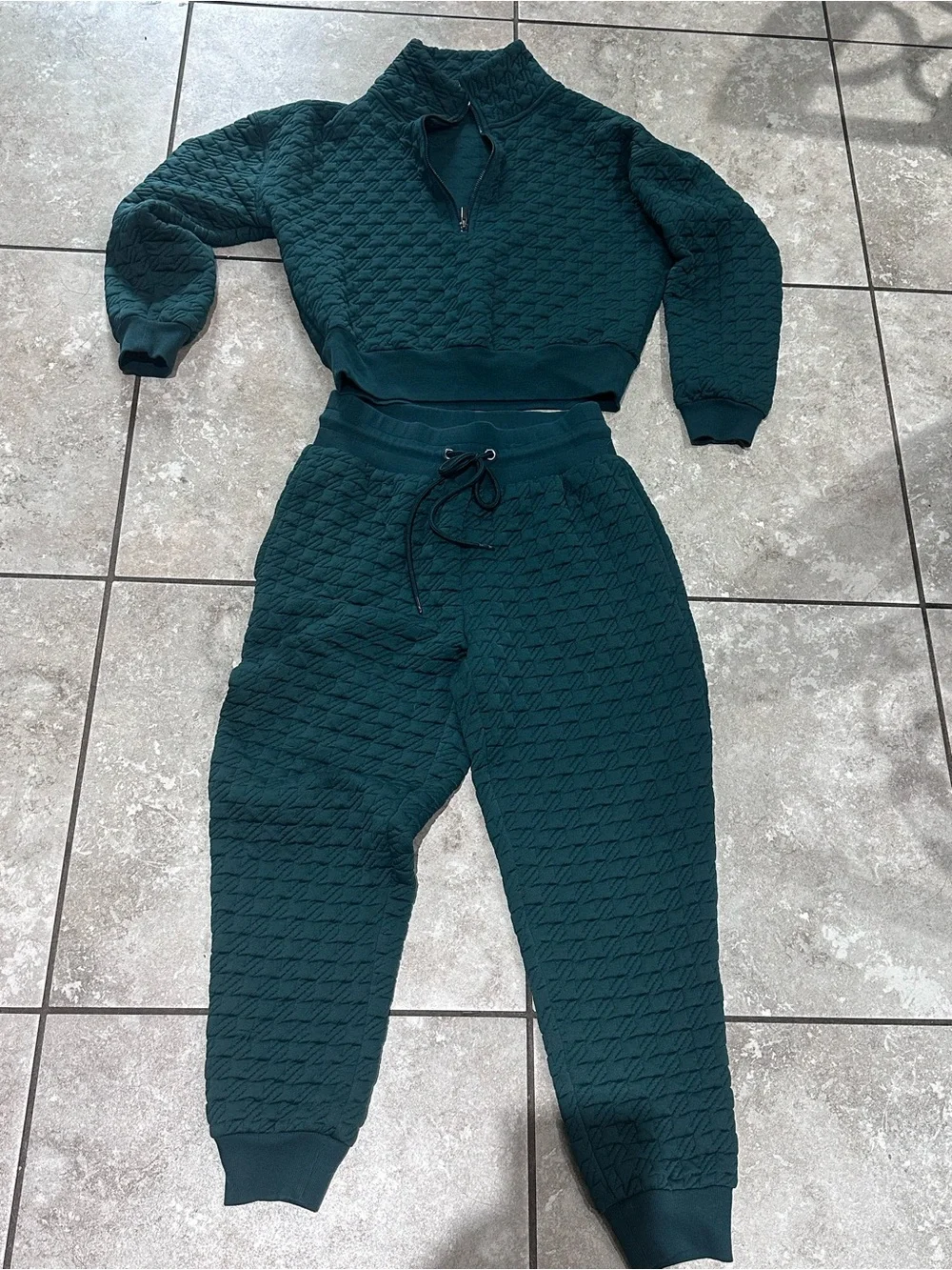 Lou & Grey Houndstooth Jacquard Half Zip Top and sweatpant set green small